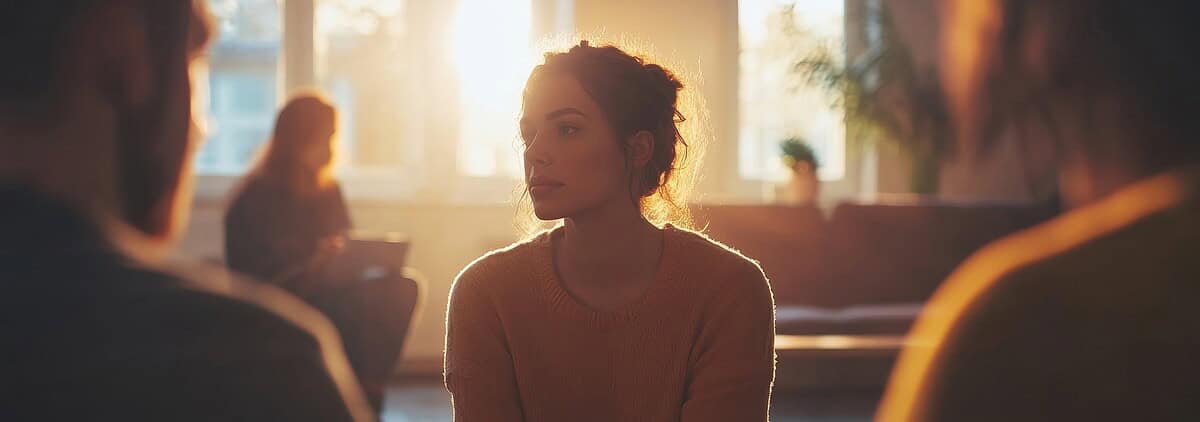 Woman in therapy session with two people in a bright, welcoming room.