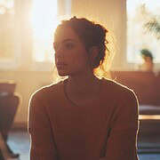 Woman in therapy session with two people in a bright, welcoming room.